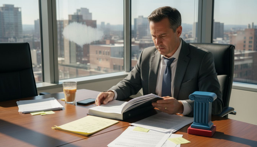 Executive reading contract in corner office