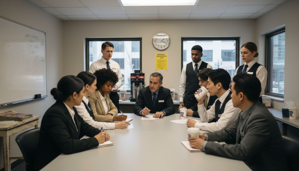 Hotel workers discussing union activity in break room
