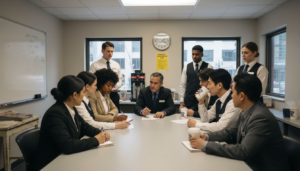 Hotel workers discussing union activity in break room