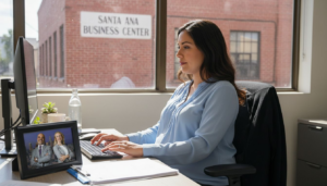 Pregnant woman working at Santa Ana office desk