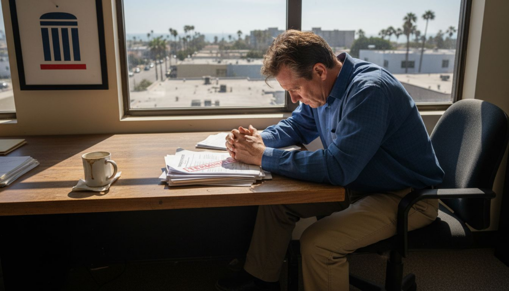 Terminated worker in office with documents