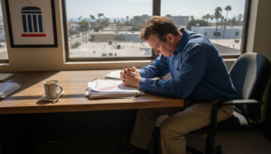 Terminated worker in office with documents