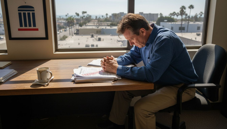 Terminated worker in office with documents