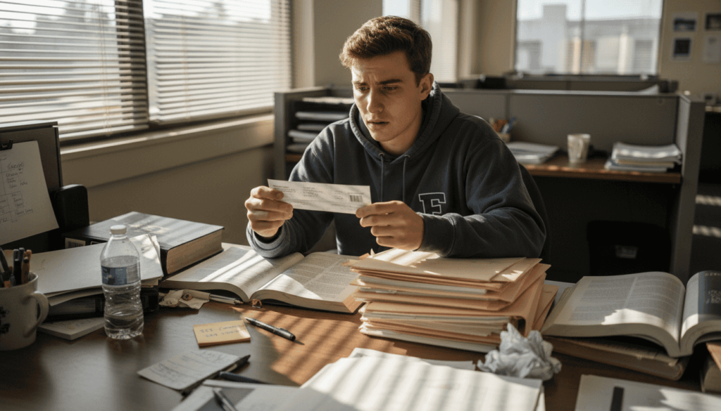 Student reviewing paycheck in Fullerton office