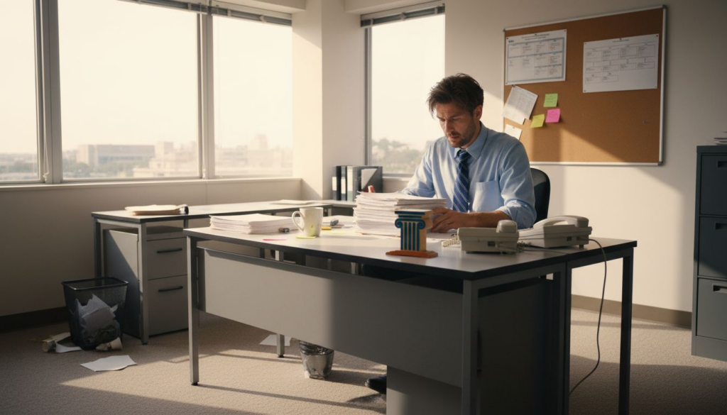 Employee looking anxious in tense office setting