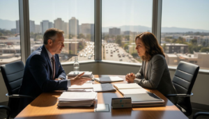 Attorney meeting client in office on dispute
