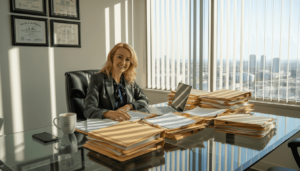 Attorney reviewing case files in law office