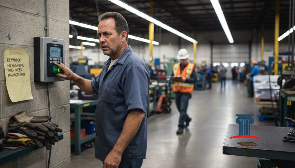 Factory worker clocking out under supervisor's watch
