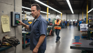 Factory worker clocking out under supervisor's watch