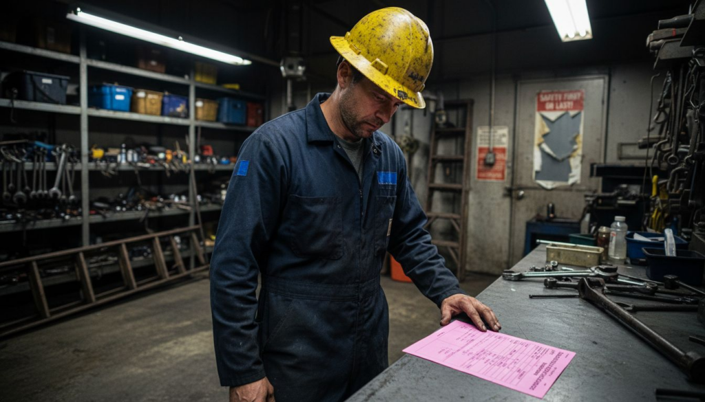 Oil contractor reviewing workers comp form onsite