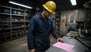 Oil contractor reviewing workers comp form onsite