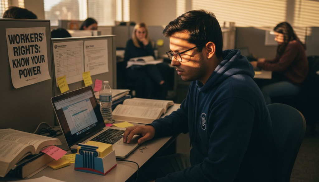 Student worker reviews pay stub at CSUF desk