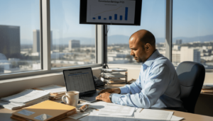 Sales rep in Tustin office reviewing commission spreadsheet