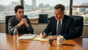 Attorney meeting client in Santa Ana office