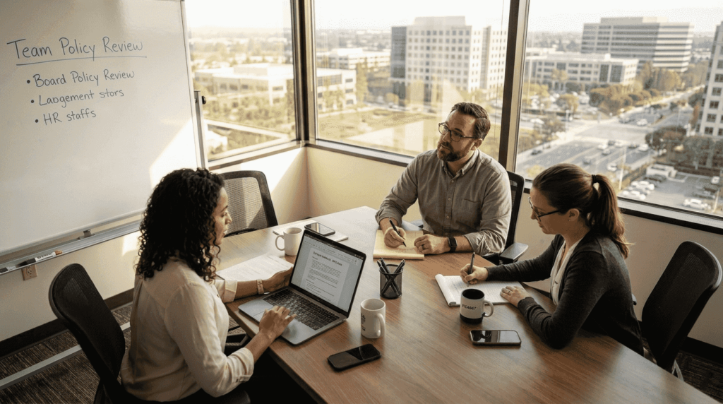 Tech team meeting on workplace policy in office