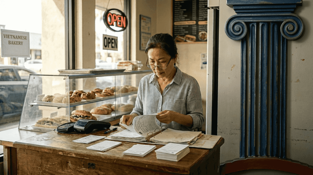 Vietnamese bakery owner working behind counter