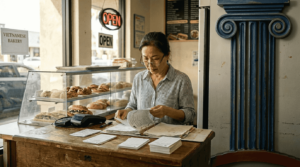 Vietnamese bakery owner working behind counter
