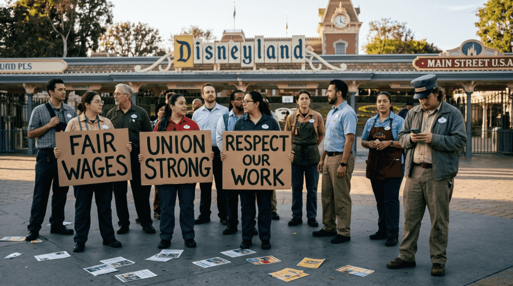 Disney workers at union rally entrance scene