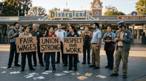 Disney workers at union rally entrance scene
