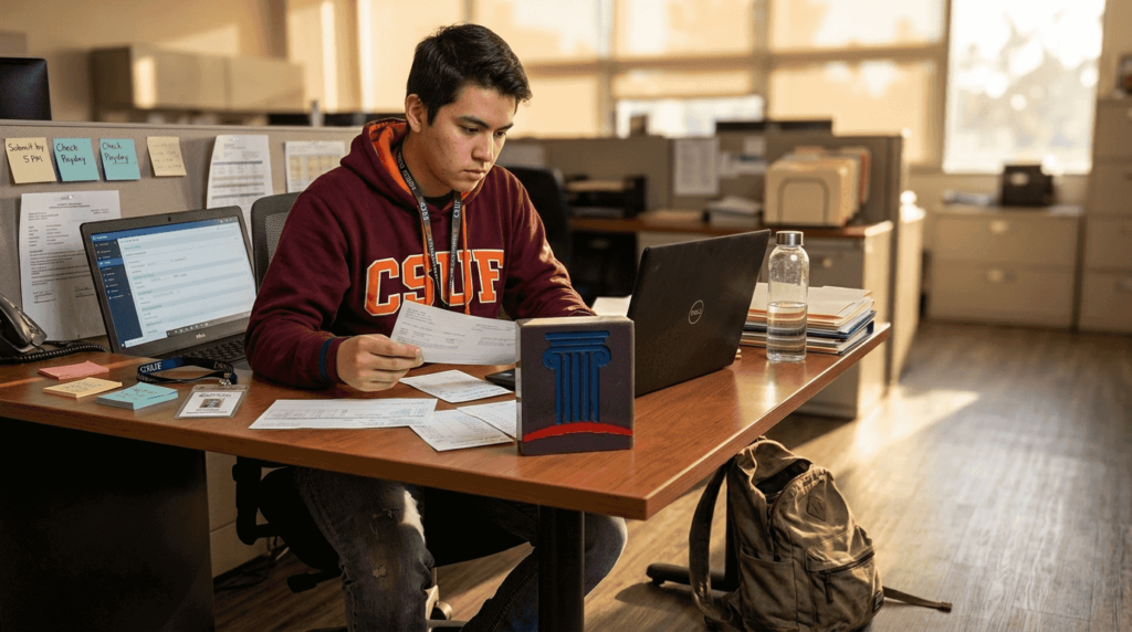 Student worker reviewing timecards in CSUF office