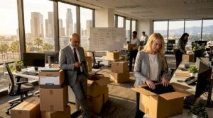 Tech employees packing up office during layoff