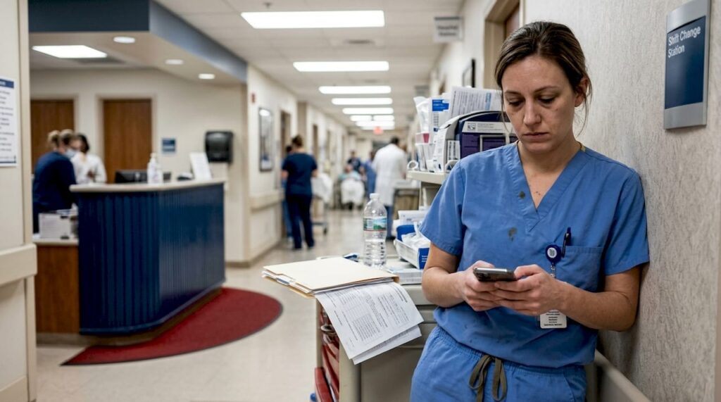 Tired nurse in busy hospital hallway