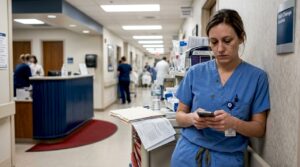 Tired nurse in busy hospital hallway