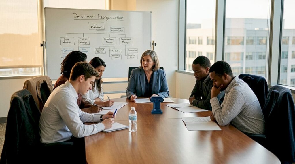 HR manager addresses employees about layoff