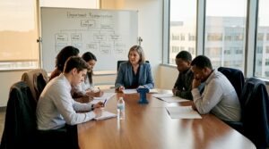 HR manager addresses employees about layoff