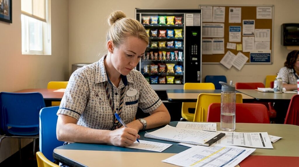 Cast member reviews timecard in break room