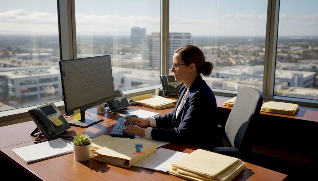 County employee types email in office with folders