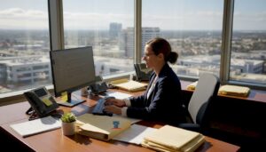 County employee types email in office with folders