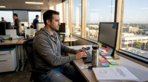 Tech worker at office desk in Costa Mesa
