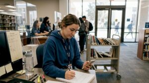 CSUF student worker checking hours at desk