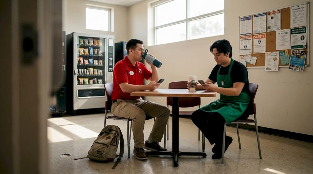 Target and Starbucks staff on meal break in break room