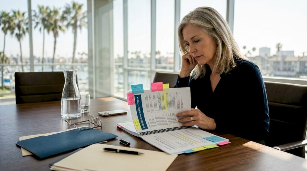 Executive reviewing documents in Newport Beach boardroom