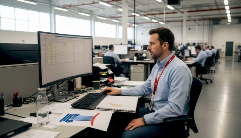 Tesla engineer working at open-plan office desk