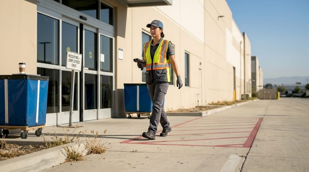 Amazon warehouse worker outside Placentia facility