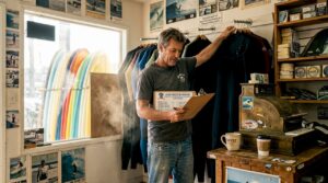 Older surf shop employee organizing retail wall