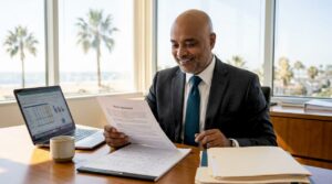 Executive reviewing bonus documents in corner office