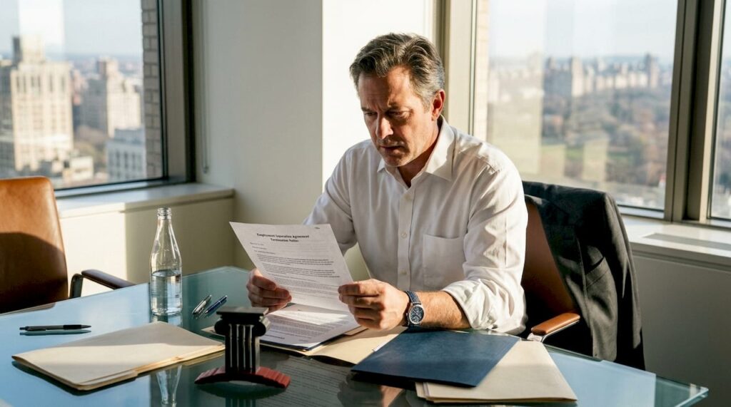 Executive reading termination letter in office