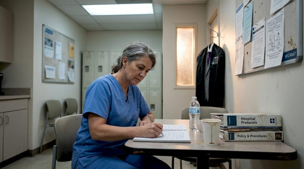 Nurse documenting incident in hospital break room