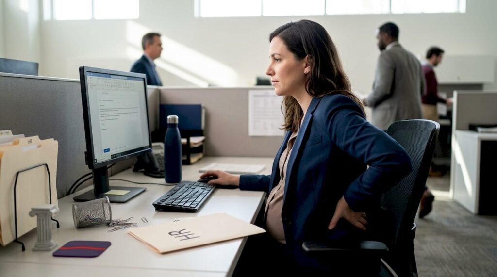 Pregnant employee looks concerned at office desk
