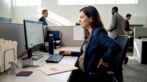 Pregnant employee looks concerned at office desk