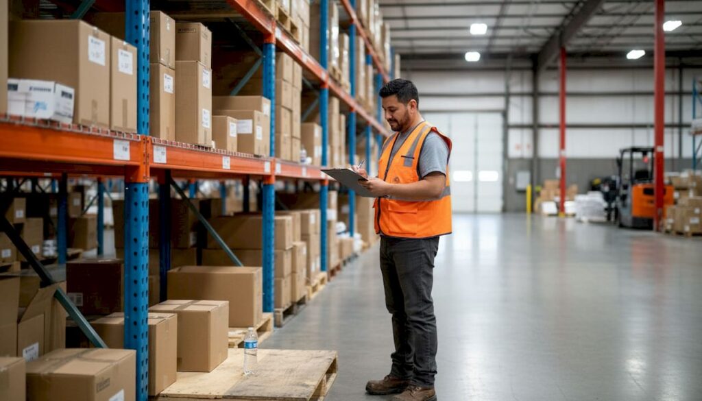 Warehouse worker tracks overtime at shift end