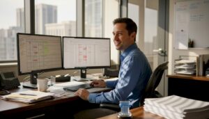 Accountant in office watching for retaliation