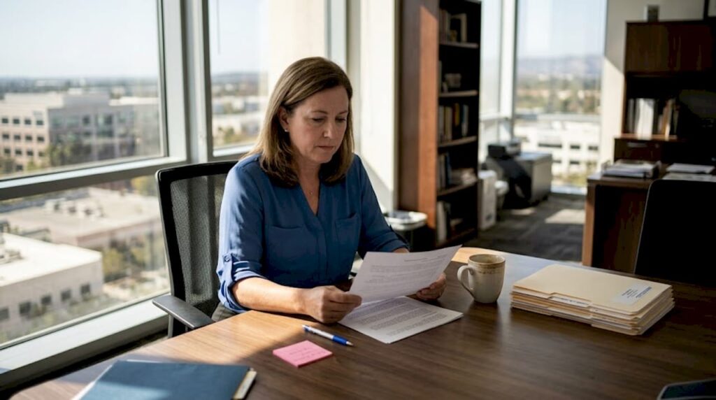 HR manager reviewing layoff paperwork in office