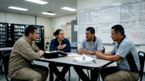 Manufacturing workers talking in factory lunchroom