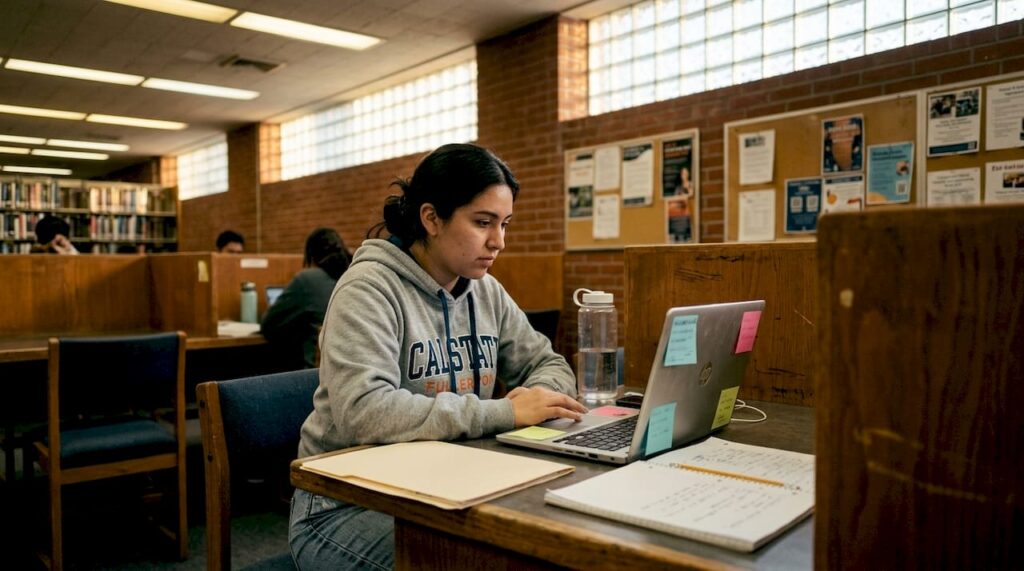 Student worker reviewing digital timecard at library