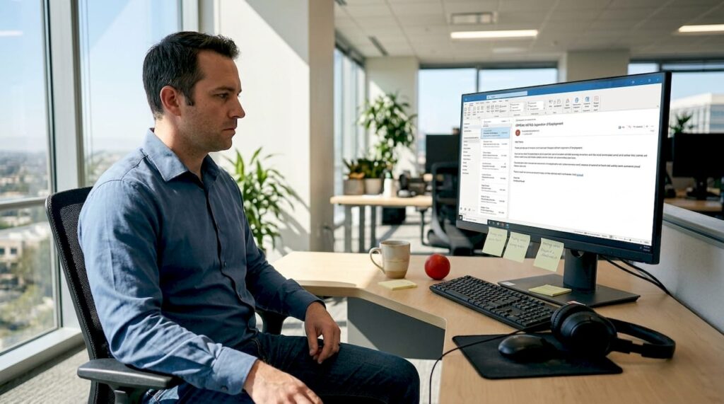 Tech worker reading layoff notice at desk